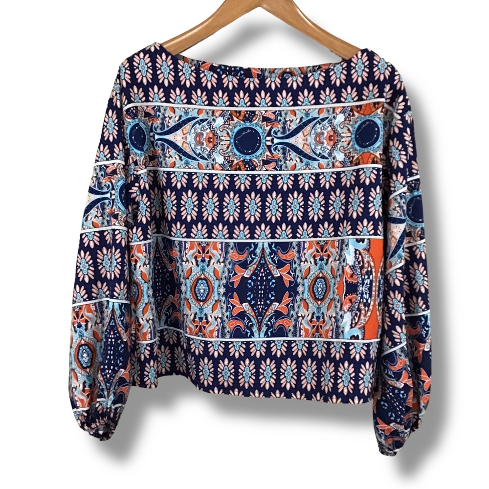 Cupshe Womens Navy Blue Orange Paisley Floral Boat‎ Neck Balloon Sleeve Blouse L